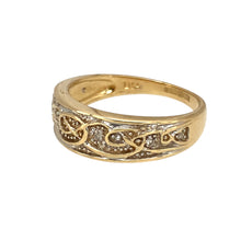 Load image into Gallery viewer, Preowned 9ct Yellow and White Gold &amp; Diamond Set Celtic Band Ring in size P with the weight 3.40 grams. The front of the band is 7mm wide
