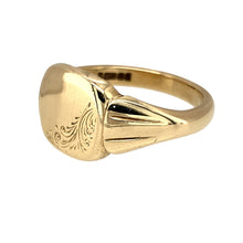 Load image into Gallery viewer, Preowned 9ct Yellow Gold Patterned Square Signet Ring in size W with the weight 8.12 grams. The front of the ring is 12mm high
