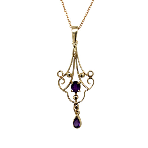 Preowned 9ct Yellow Gold & Amethyst Set Vintage Style Pendant on a 16