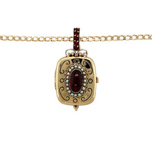 Load image into Gallery viewer, Preowned 9ct Yellow Gold Garnet &amp; Seed Pearl Patterned Locket Pendant on an 18&quot; curb chain with the weight 8 grams. The pendant is 3.7cm long including the bail and the garnet stone is 9mm by 5mm
