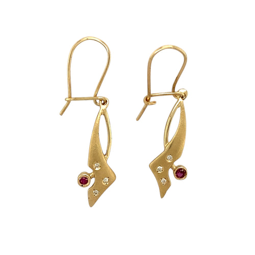 14ct Gold Diamond & Ruby Set Dropper Earrings