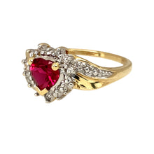 Load image into Gallery viewer, Preowned 9ct Yellow and White Gold &amp; Diamond Set Stone Set Heart Cluster Ring in size M with the weight 2.50 grams. The ruby coloured red stone is 6mm diameter
