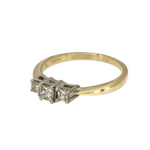 Load image into Gallery viewer, Preowned 9ct Yellow and White Gold &amp; Diamond Set Princess Cut Trilogy Ring in size J with the weight 1.40 grams. There is approximately 0.30ct of diamond content in total
