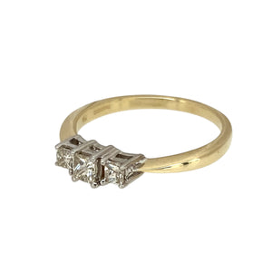 Preowned 9ct Yellow and White Gold & Diamond Set Princess Cut Trilogy Ring in size J with the weight 1.40 grams. There is approximately 0.30ct of diamond content in total