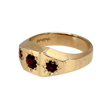 Load image into Gallery viewer, Preowned 9ct Yellow Gold &amp; Garnet Set Three Stone Ring in size Q with the weight 5.80 grams. The center stone is 4mm diameter
