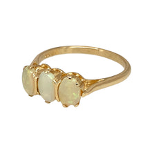 Load image into Gallery viewer, Preowned 9ct Yellow Gold &amp; Opalique Set Oval Three Stone Ring in size O with the weight 1.90 grams. The opalique stones are each 6mm by 4mm
