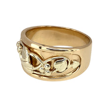 Load image into Gallery viewer, Preowned 9ct Yellow and White Gold Clogau Vine Tree of Life Moon Wide Band Ring in size U with the weight 10.10 grams. The front of the ring is 12mm wide
