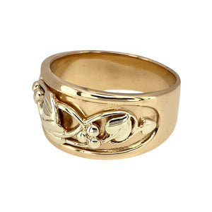 Preowned 9ct Yellow and White Gold Clogau Vine Tree of Life Moon Wide Band Ring in size U with the weight 10.10 grams. The front of the ring is 12mm wide