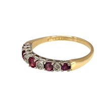 Load image into Gallery viewer, Preowned 9ct Yellow and White Gold Diamond &amp; Ruby Set Band Ring in size N with the weight 1.60 grams. The center ruby stone is 3mm diameter
