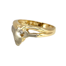 Load image into Gallery viewer, Preowned 14ct Yellow and White Gold &amp; Diamond Set Dolphin Ring in size N with the weight 3.60 grams. The front of the ring is 11mm high
