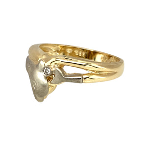 Preowned 14ct Yellow and White Gold & Diamond Set Dolphin Ring in size N with the weight 3.60 grams. The front of the ring is 11mm high