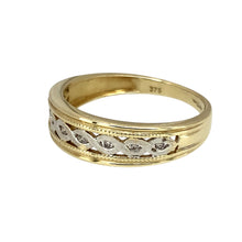 Load image into Gallery viewer, Preowned 9ct Yellow and White Gold &amp; Diamond Set Celtic Style Band Ring in size N with the weight 1.90 grams. The front of the band is 6mm wide
