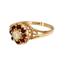 Load image into Gallery viewer, Preowned 9ct Yellow Gold Garnet &amp; Opalique Set Flower Cluster Ring in size O with the weight 2.80 grams. The opalique stone is 4mm diameter
