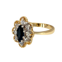 Load image into Gallery viewer, Preowned 9ct Yellow and White Gold Sapphire &amp; Cubic Zirconia Set Cluster Ring in size O with the weight 3.40 grams. The sapphire stone is 8mm by 4mm
