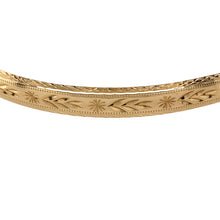 Load image into Gallery viewer, Preowned 9ct Yellow Solid Gold Patterned Bangle with the weight 9.90 grams. The bangle width is 6mm and the bangle diameter is 6.7cm
