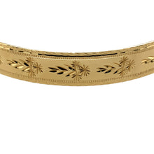 Load image into Gallery viewer, Preowned 9ct Yellow Solid Gold Patterned Bangle with the weight 15.40 grams. The bangle width is 9mm and the bangle diameter is 6.7cm
