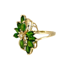 Load image into Gallery viewer, Preowned 9ct Yellow Gold Diamond &amp; Chrome Diopside Set Flower Cluster Ring in size M with the weight 2.60 grams. The front of the ring is 2.1cm high
