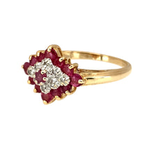 Load image into Gallery viewer, Preowned 9ct Yellow and White Gold Diamond &amp; Ruby Set Cluster Ring in size L to M with the weight 2.60 grams. The front of the ring is 12mm high
