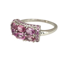 Load image into Gallery viewer, Preowned 9ct White Gold &amp; Pink Stone Cluster Ring in size M with the weight 2.90 grams. The front of the ring is 8mm wide
