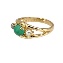 Load image into Gallery viewer, Preowned 9ct Yellow Gold Turquoise &amp; Seed Pearl Set Split Band Ring in size K to L with the weight 2.40 grams. The turquoise stone is 7mm by 5mm and the grey and white pearls are each approximately 2.5mm diameter
