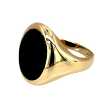 Load image into Gallery viewer, Preowned 9ct Yellow Gold &amp; Onyx Set Oval Signet Ring in size P with the weight 4.50 grams. The onyx stone is 14mm by 11mm
