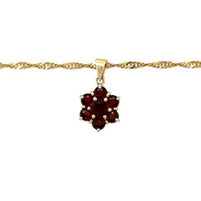 Load image into Gallery viewer, Preowned 9ct Yellow Gold &amp; Garnet Set Flower Pendant on an 18&quot; Singapore chain with the weight 2.90 grams. The pendant is 1.8cm long including the bail and the center garnet stone is 5mm diameter
