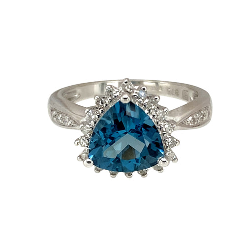 9ct White Gold Diamond & Blue Topaz Set Halo Style Ring