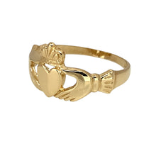 Load image into Gallery viewer, Preowned 9ct Yellow Gold Claddagh Ring in size M with the weight 1.30 grams. The front of the ring is 10mm high
