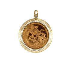 Load image into Gallery viewer, Preowned 9ct Yellow Gold Fancy Patterned Full Sovereign Mount Pendant with a 22ct Gold Full Sovereign coin set inside. The pendant has the combined weight of 9.50 grams and the coin is from 1896
