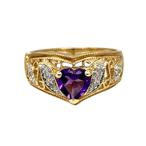 9ct Gold Diamond & Amethyst Set Heart Band Ring