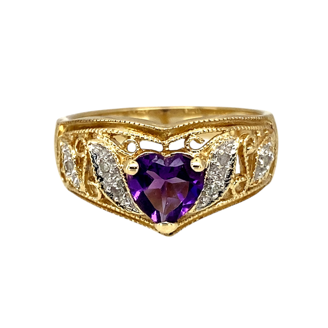 9ct Gold Diamond & Amethyst Set Heart Band Ring