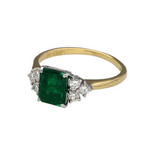 Load image into Gallery viewer, Preowned 18ct Yellow and White Gold Diamond &amp; Emerald Set Ring in size L to M with the weight 3 grams. The emerald stone is 7mm by 6mm
