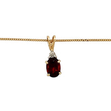 Load image into Gallery viewer, Preowned 9ct Yellow Gold Diamond &amp; Garnet Set Pendant on a 16&quot; fine curb chain with the weight 1.30 grams. The pendant is 1.5cm long including the bail and the garnet stone is 7mm by 5mm
