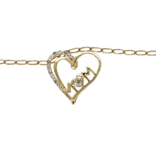 Load image into Gallery viewer, Preowned 9ct Yellow and White Gold &amp; Diamond Set Mum Open Heart Pendant on an 18&quot; open curb chain with the weight 1.90 grams. The pendant is approximately 1.7cm by 1.7cm
