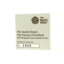 Load image into Gallery viewer, 2017 The Queen&#39;s Beast the Unicorn of Scotland Quarter Ounce 22ct Gold Coin
