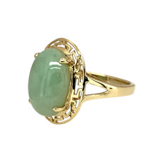 Load image into Gallery viewer, Preowned 9ct Yellow Gold &amp; Jade Set Patterned Oval Ring in size N with the weight 3.80 grams. The jade stone is 14mm by 10mm
