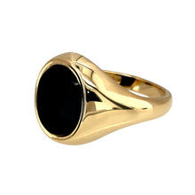 Load image into Gallery viewer, Preowned 9ct Yellow Gold &amp; Onyx Set Oval Signet Ring in size R with the weight 7.70 grams. The onyx stone is approximately 11.5mm by 9.5mm
