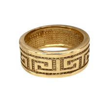 Load image into Gallery viewer, Preowned 9ct Yellow Gold Greek Key Patterned Band Ring in size P with the wight 7.20 grams. The band is 8mm wide
