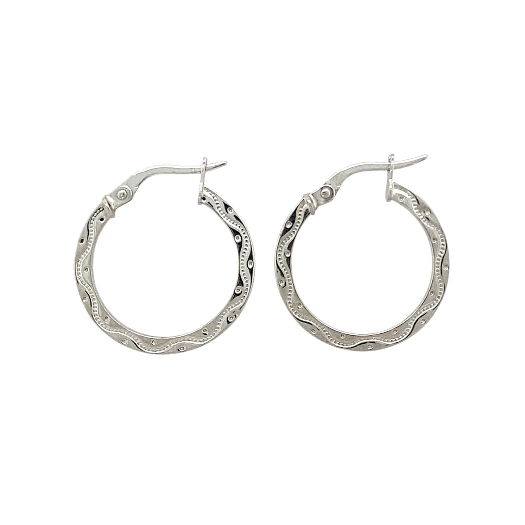 9ct White Gold Patterned Hoop Creole Earrings