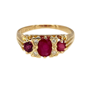 9ct Gold Diamond & Ruby Set Vintage Style Ring