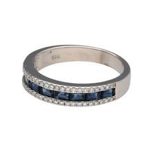 Load image into Gallery viewer, Preowned 18ct White Gold Diamond &amp; Sapphire Set Band Ring in size R with the weight 5 grams. The front of the band is 5mm wide
