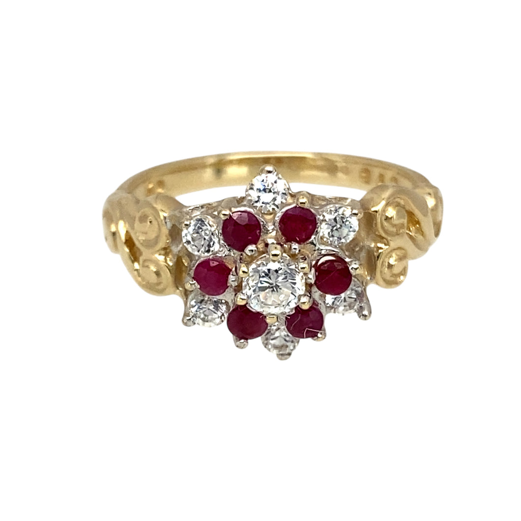 9ct Gold Ruby & Cubic Zirconia Set Flower Cluster Ring