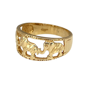 Preowned 9ct Yellow Gold Elephant Band Ring in size O with the weight 3.70 grams. The front of the band is 9mm high