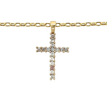 Load image into Gallery viewer, Preowned 9ct Yellow and White Gold &amp; Cubic Zirconia Set Cross Pendant on an 18&quot; belcher chain with the weight 3.10 grams. The pendant is 2.7cm long including the bail
