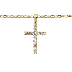 Preowned 9ct Yellow and White Gold & Cubic Zirconia Set Cross Pendant on an 18" belcher chain with the weight 3.10 grams. The pendant is 2.7cm long including the bail