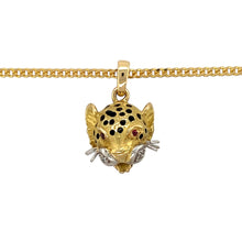 Load image into Gallery viewer, Preowned 18ct Yellow Gold Diamond &amp; Ruby Set Black Enamel Leopard Head Pendant on an 18&quot; curb chain with the weight 15.10 grams. The pendant is 2.6cm long including the bail
