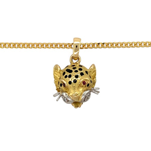 Preowned 18ct Yellow Gold Diamond &amp; Ruby Set Black Enamel Leopard Head Pendant on an 18" curb chain with the weight 15.10 grams. The pendant is 2.6cm long including the bail