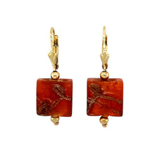 Load image into Gallery viewer, 9ct Gold Patterned Red Resin Square Drop Earrings
