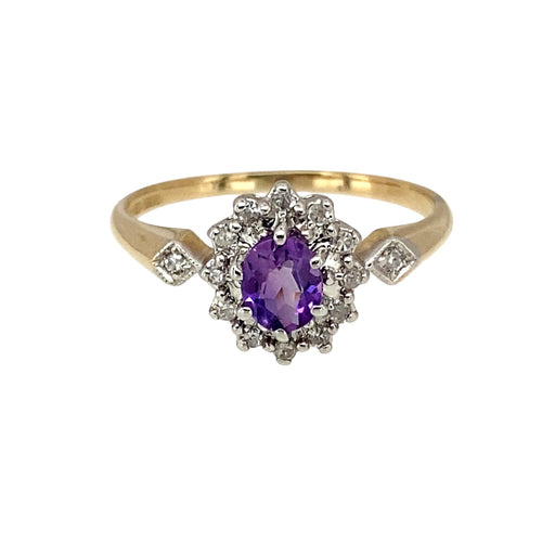 9ct Gold Diamond & Amethyst Set Cluster Ring