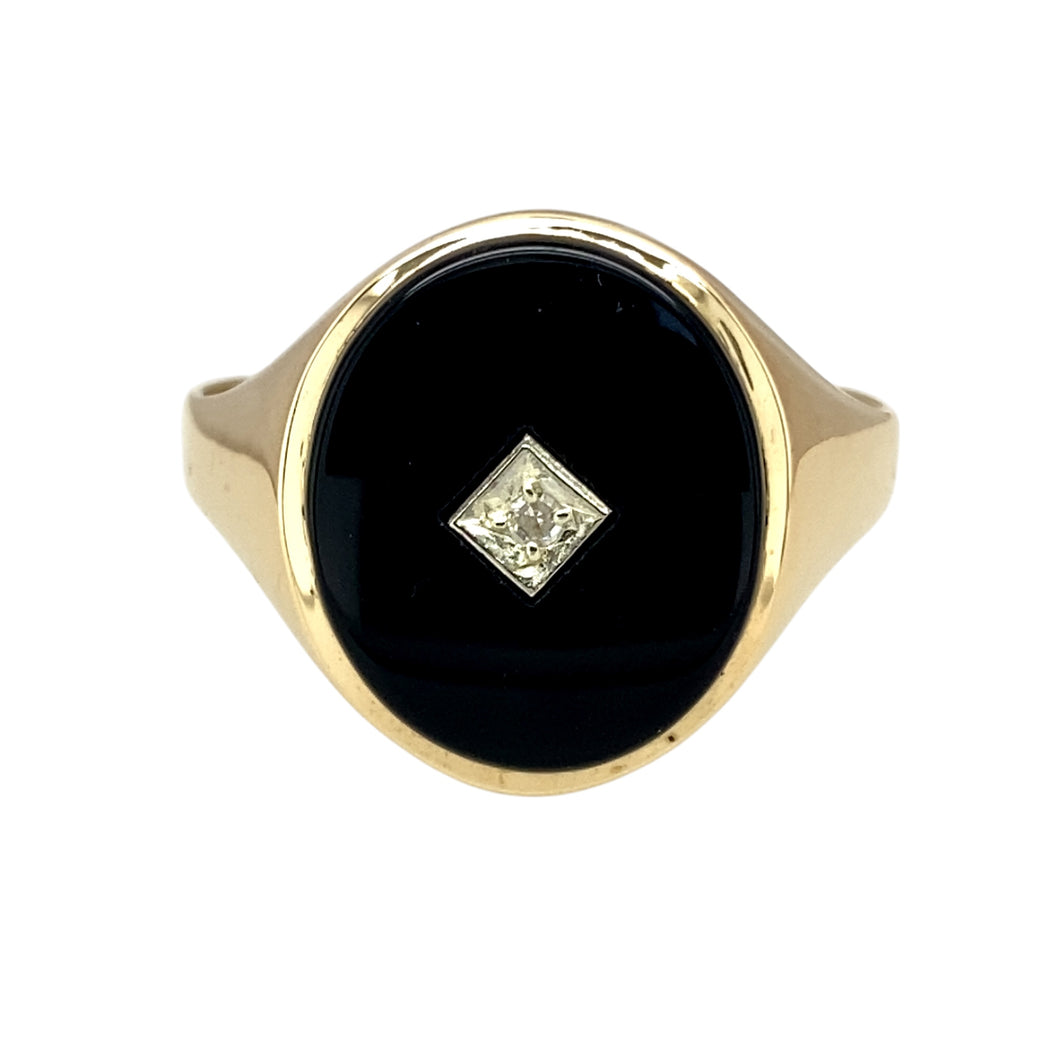 9ct Gold Diamond & Onyx Set Oval Cut Signet Ring